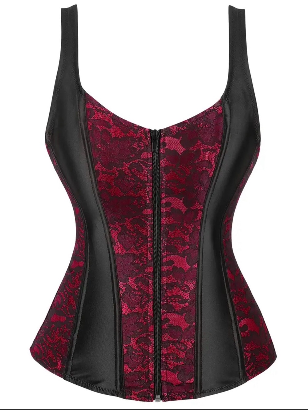 2X NWT Black & Burgundy Lace Front-Zip Waist Trainer Corset Top